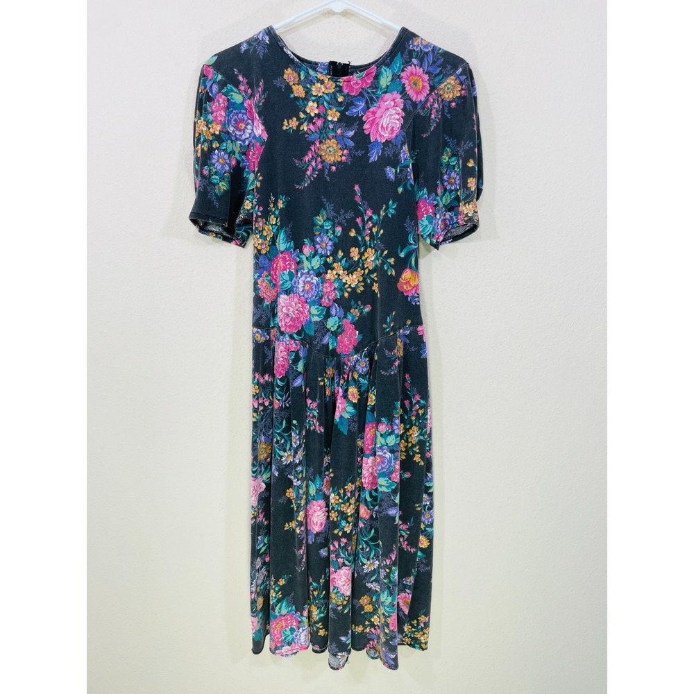 Vintage 80s Forenza Floral Midi Dress Size 7 Puff‎ Sleeve Drop Waist Made in USA